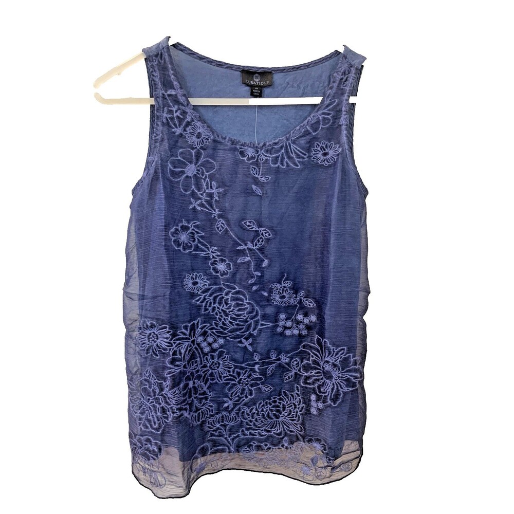 Curations Womens XS Floral Embroidered Top Sleeveless Layered Tank Navy Blue